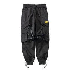 Multi-pocket Hip Hop Harem Pants Men Elastic Waist Trousers Joggers Casual Loose Ribbons Cargo Pants Sweatpants