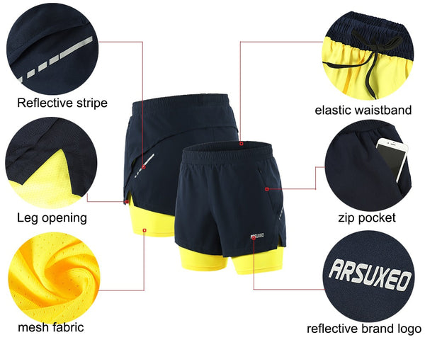 Men Running Shorts 2 in 1 Sports Shorts Quick Dry Active Training Exercise Jogging Gym Shorts With Zipper Pockets