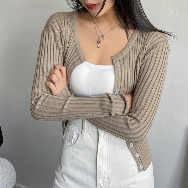 Women Button Up Ribbed Sweater Shirt Cropped Knit Cardigans Korean Knitting Crop Tops Streetwear
