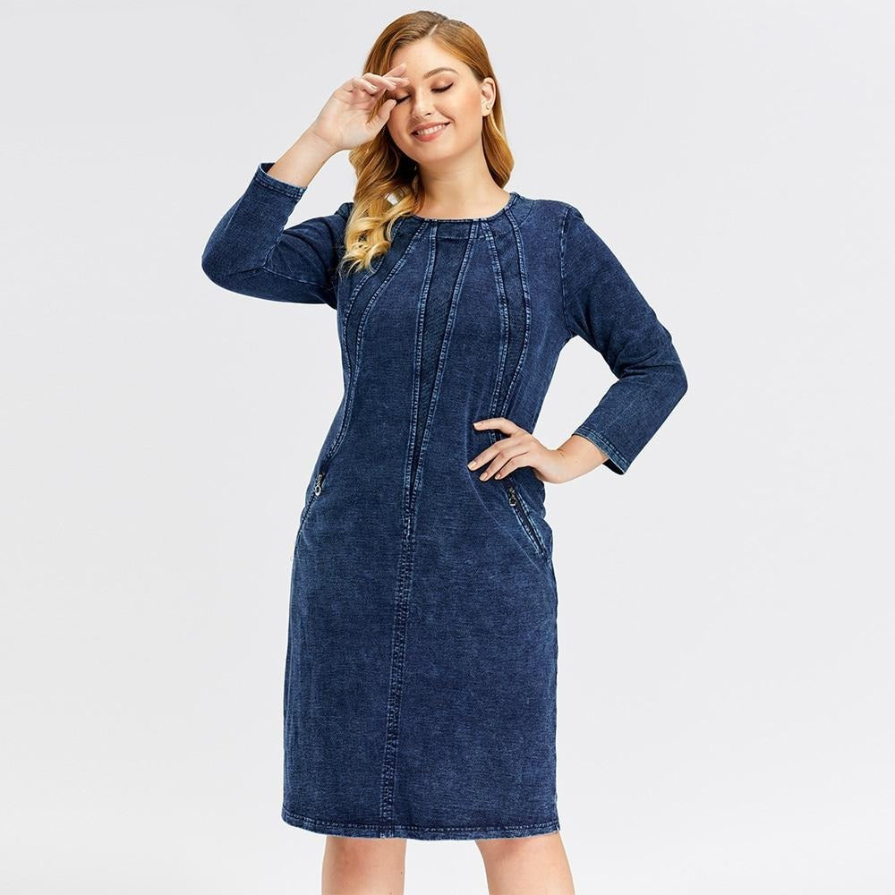 Women's Plus Size Denim Dress Premium Stretch Denim Slim Fit Dress Casual Dress with shoulder pads