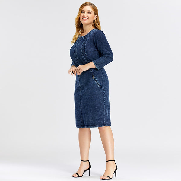Women's Plus Size Denim Dress Premium Stretch Denim  Slim Fit Dress Casual Dress with shoulder pads