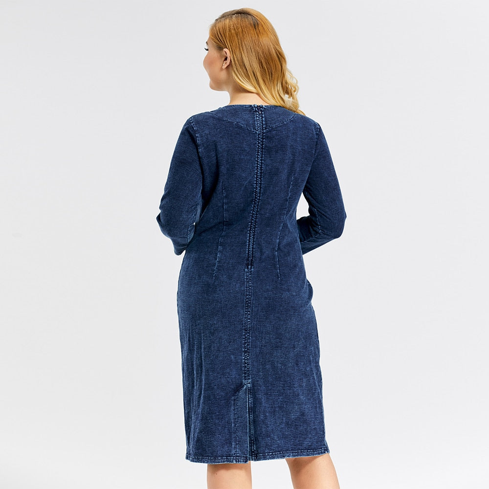 Women's Plus Size Denim Dress Premium Stretch Denim Slim Fit Dress Casual Dress with shoulder pads