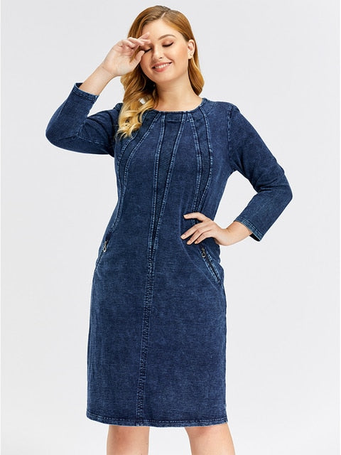 Women's Plus Size Denim Dress Premium Stretch Denim Slim Fit Dress Casual Dress with shoulder pads