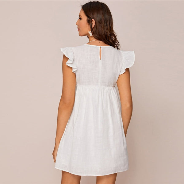 White Ruffle Armhole Embroidery Floral Smock Dress Women Summer High Waist Cap Sleeve Cute Boho Short Flared Dresses | Vimost Shop.