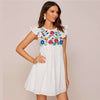 White Ruffle Armhole Embroidery Floral Smock Dress Women Summer High Waist Cap Sleeve Cute Boho Short Flared Dresses | Vimost Shop.