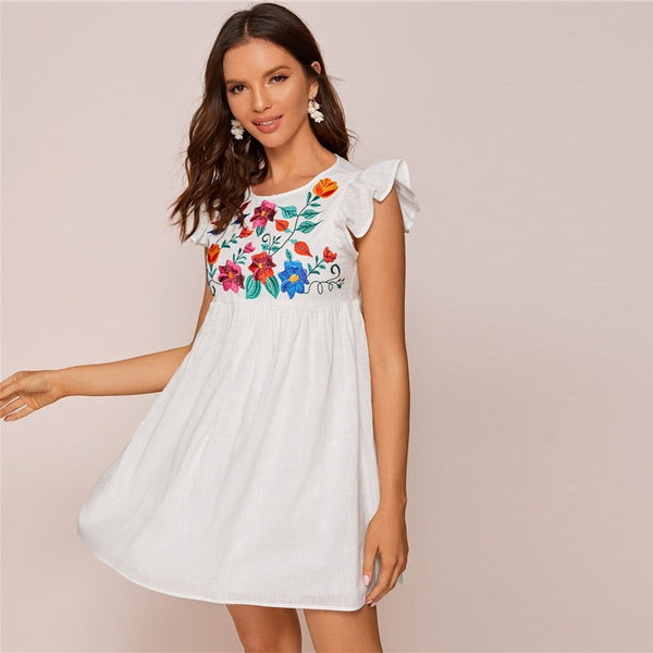 White Ruffle Armhole Embroidery Floral Smock Dress Women Summer High Waist Cap Sleeve Cute Boho Short Flared Dresses | Vimost Shop.