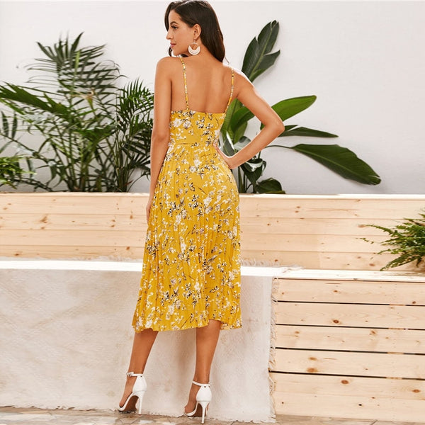 Yellow Surplice Neck Pleated Floral Cami Dress Women Summer Sleeveless High Waist Boho Wrap Long Dresses | Vimost Shop.