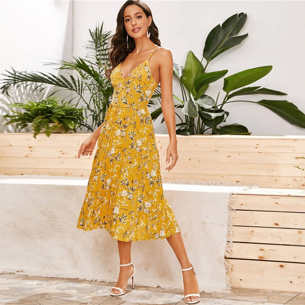 Yellow Surplice Neck Pleated Floral Cami Dress Women Summer Sleeveless High Waist Boho Wrap Long Dresses | Vimost Shop.