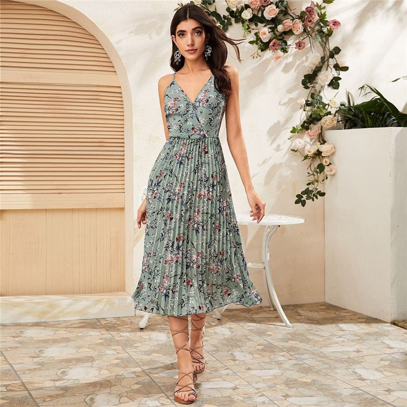 Yellow Surplice Neck Pleated Floral Cami Dress Women Summer Sleeveless High Waist Boho Wrap Long Dresses | Vimost Shop.