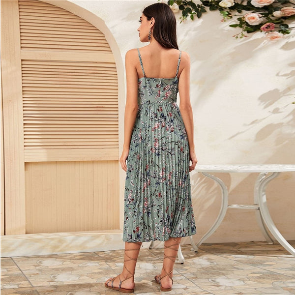Yellow Surplice Neck Pleated Floral Cami Dress Women Summer Sleeveless High Waist Boho Wrap Long Dresses | Vimost Shop.