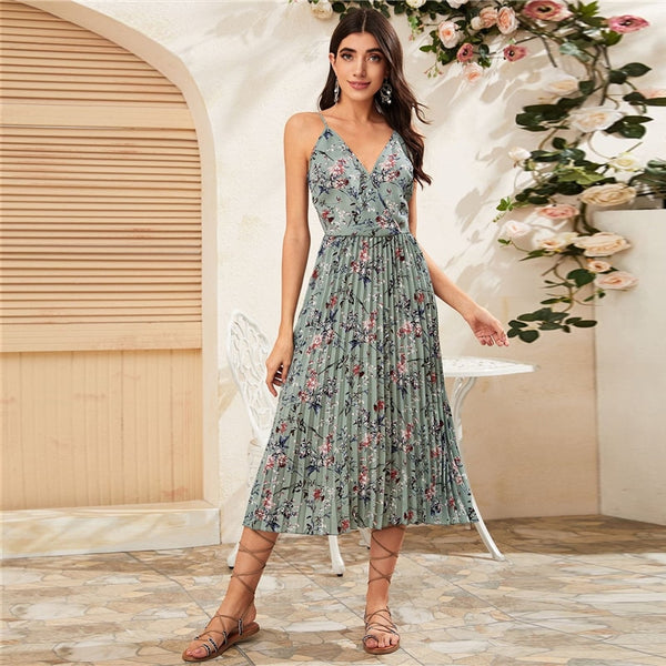 Yellow Surplice Neck Pleated Floral Cami Dress Women Summer Sleeveless High Waist Boho Wrap Long Dresses | Vimost Shop.