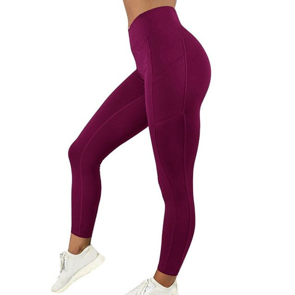 Solid Running Pants High Waist Fitness Yoga Pants With Pocket Tights Women Yoga Sport Trousers Training Workout leggings | Vimost Shop.