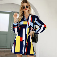 Geometric Print Notched Collar Casual Shirt Dress Women Spring Street Wear Long Sleeve Ladies Straight Short Dresses