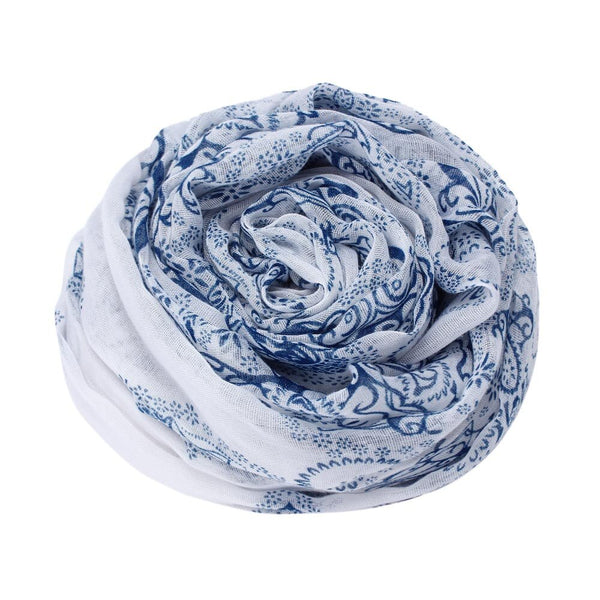 Women Classical Print Scarf Scarves Sun Protection Gauze Kerchief Lightweight ethnic blue and white porcelain Bali yarn scarf | Vimost Shop.