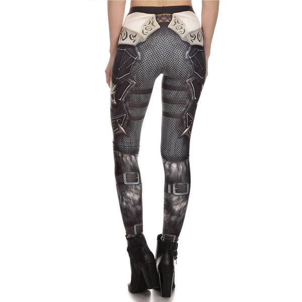Gothic SKull Punk  Women's Leggings Pants Fantastic Armor Grey Print Ankle Workout Fitness Trousers | Vimost Shop.