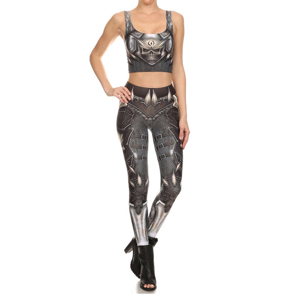 Gothic SKull Punk  Women's Leggings Pants Fantastic Armor Grey Print Ankle Workout Fitness Trousers | Vimost Shop.