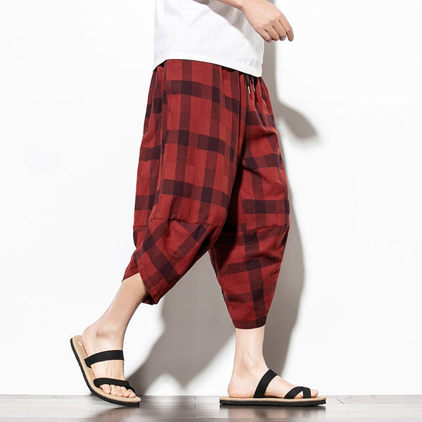 Streetwear Mens Cotton Beach Pants Male Summer Casual Calf-Length Pants Man Plaid Hip Hop Baggy Loose Trousers | Vimost Shop.