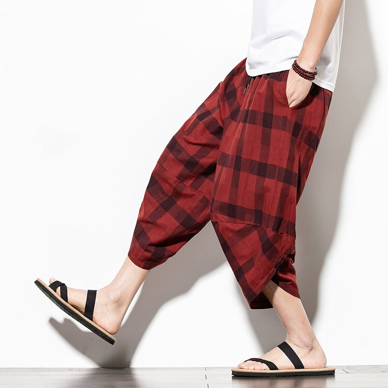Streetwear Mens Cotton Beach Pants Male Summer Casual Calf-Length Pants Man Plaid Hip Hop Baggy Loose Trousers | Vimost Shop.