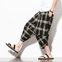 Streetwear Mens Cotton Beach Pants Male Summer Casual Calf-Length Pants Man Plaid Hip Hop Baggy Loose Trousers