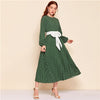 Abaya Blue Lantern Sleeve Polka Dot Pleated Dress With Belt Women Spring A Line Elegant High Waist Long Dresses | Vimost Shop.