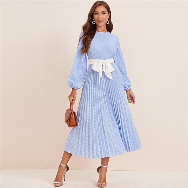 Abaya Blue Lantern Sleeve Polka Dot Pleated Dress With Belt Women Spring A Line Elegant High Waist Long Dresses | Vimost Shop.