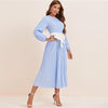 Abaya Blue Lantern Sleeve Polka Dot Pleated Dress With Belt Women Spring A Line Elegant High Waist Long Dresses | Vimost Shop.