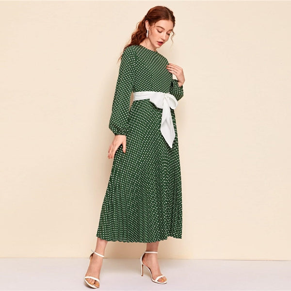 Abaya Blue Lantern Sleeve Polka Dot Pleated Dress With Belt Women Spring A Line Elegant High Waist Long Dresses | Vimost Shop.