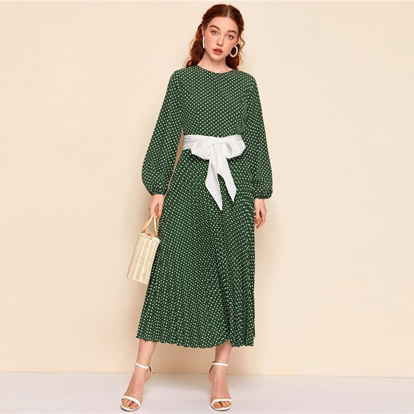 Abaya Blue Lantern Sleeve Polka Dot Pleated Dress With Belt Women Spring A Line Elegant High Waist Long Dresses | Vimost Shop.