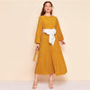 Abaya Blue Lantern Sleeve Polka Dot Pleated Dress With Belt Women Spring A Line Elegant High Waist Long Dresses | Vimost Shop.