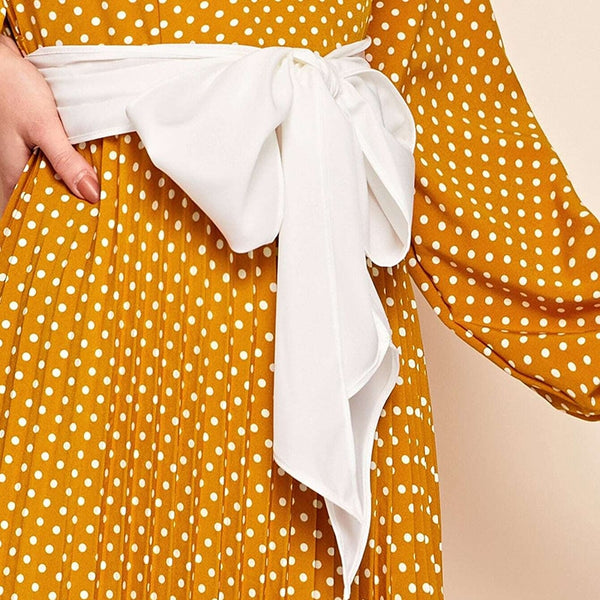 Abaya Blue Lantern Sleeve Polka Dot Pleated Dress With Belt Women Spring A Line Elegant High Waist Long Dresses | Vimost Shop.