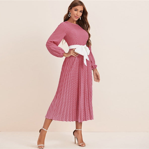 Abaya Blue Lantern Sleeve Polka Dot Pleated Dress With Belt Women Spring A Line Elegant High Waist Long Dresses | Vimost Shop.
