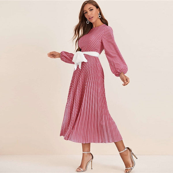 Abaya Blue Lantern Sleeve Polka Dot Pleated Dress With Belt Women Spring A Line Elegant High Waist Long Dresses | Vimost Shop.