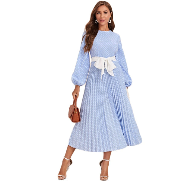 Abaya Blue Lantern Sleeve Polka Dot Pleated Dress With Belt Women Spring A Line Elegant High Waist Long Dresses | Vimost Shop.