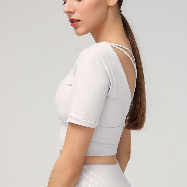 Stretchy Padded Workout Gym T-shirt Women Plain Cotton Feel Yoga Sport Short-Sleeved Shirts with Removable Chest Pads