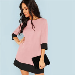 Pink Office Lady Colorblock Contrast Trim Tunic O-Neck 3/4 Sleeve Straight Dress Autumn Workwear Elegant Women Dresses