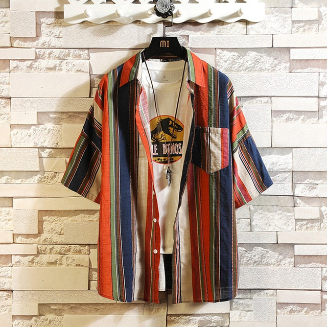 Stripe Bohemian Hawaiian Shirt Men 5XL Japanese Cotton Short Sleeve Beach Casual Shirts Summer Fashion Hip Hop Blouses Male 2020 | Vimost Shop.