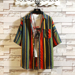Stripe Bohemian Hawaiian Shirt Men 5XL Japanese Cotton Short Sleeve Beach Casual Shirts Summer Fashion Hip Hop Blouses Male 2020