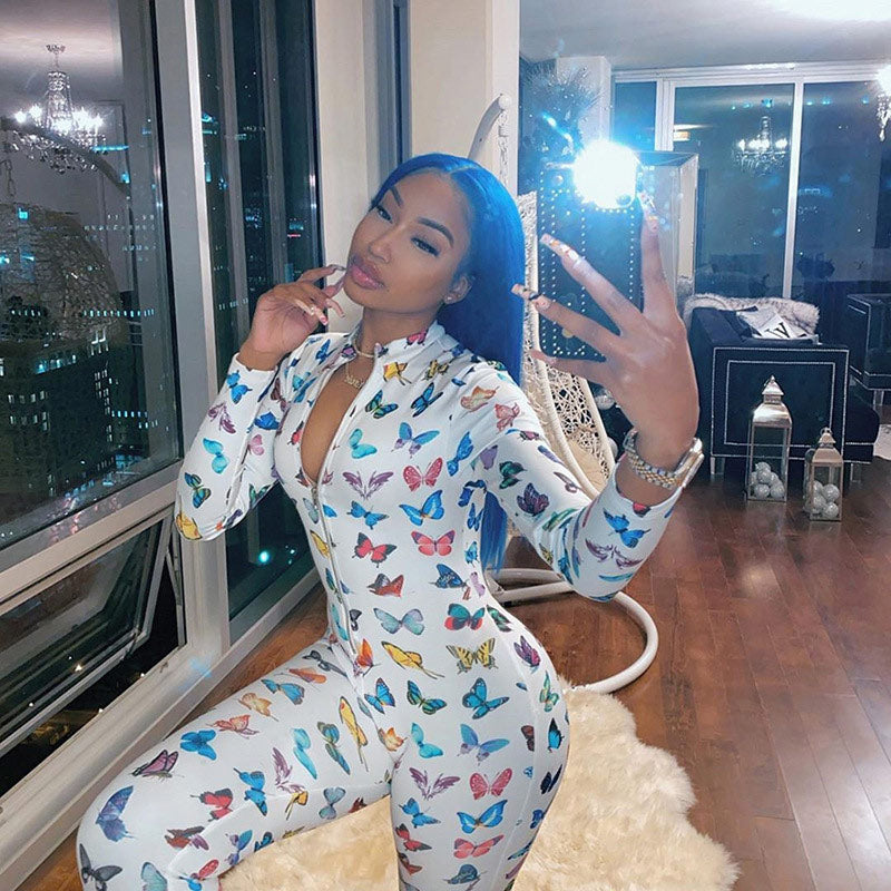 Fashion Women Zipper Jumpsuits Printed Butterfly Full Sleeve Sportsuit | Vimost Shop.
