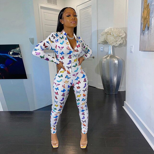 Fashion Women Zipper Jumpsuits Printed Butterfly Full Sleeve Sportsuit | Vimost Shop.