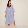 Tassel Tie Neck Embroidered Yoke Boho Striped Dress Women Summer Holiday Drop Waist Flounce Sleeve A Line Long Dresses | Vimost Shop.