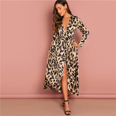 Multicolor Surplice Wrap Satin Leopard Deep V Neck  Half Sleeve Dress Elegant Women Autumn Modern Lady Dresses