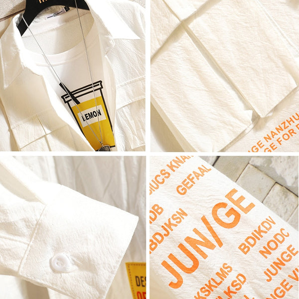 White Cotton Cargo Shirt Men Autumn Fashions Streetwear Casual Tops Male Letter Print Long Sleeve Military PLUS SIZE Shirts 5XL | Vimost Shop.