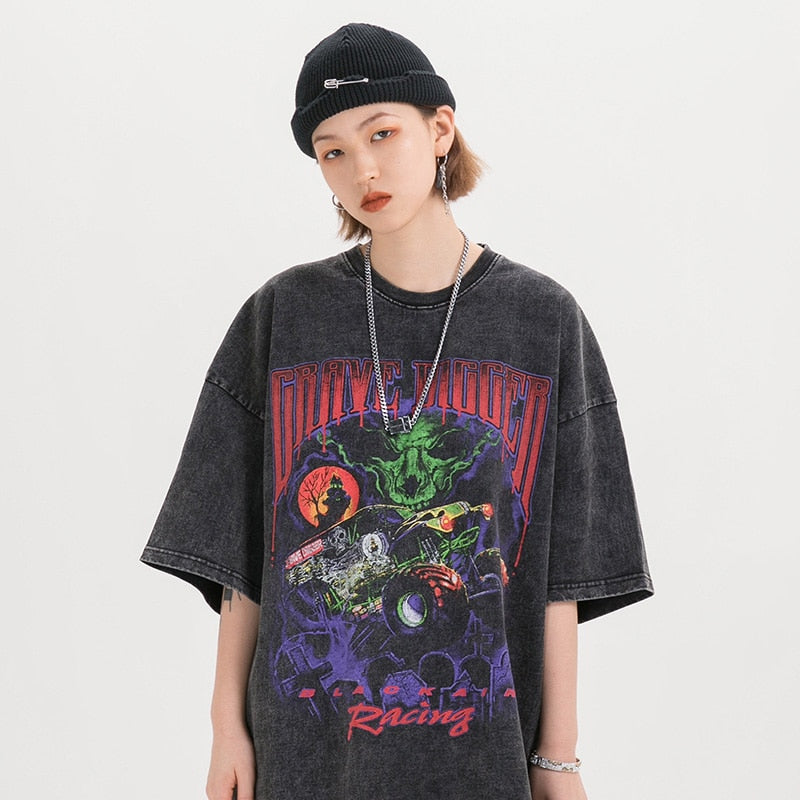 Men Oversize Hip Hop T-Shirt Devil Racing Harajuku Tshirt Summer Short Sleeve Cotton Loose Tops Tees | Vimost Shop.