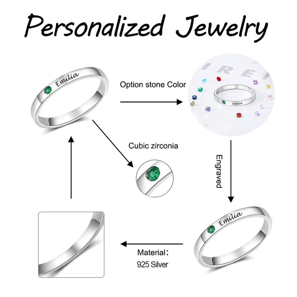 925 Sterling Silver Personalized Name Ring with Birthstone Custom Name Engraved Silver 925 Rings for Women Fine Jewelry | Vimost Shop.