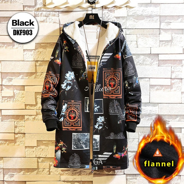 Fleece Jacket Winter Parkas Men 5XL Print Military Japanese Hooded Long Trench Coat Black Hip Hop Streetwear Thick Men's Jackets | Vimost Shop.