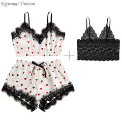 Lace Satin Cami With Striped Women Pijamas Sexy Sleepwear
