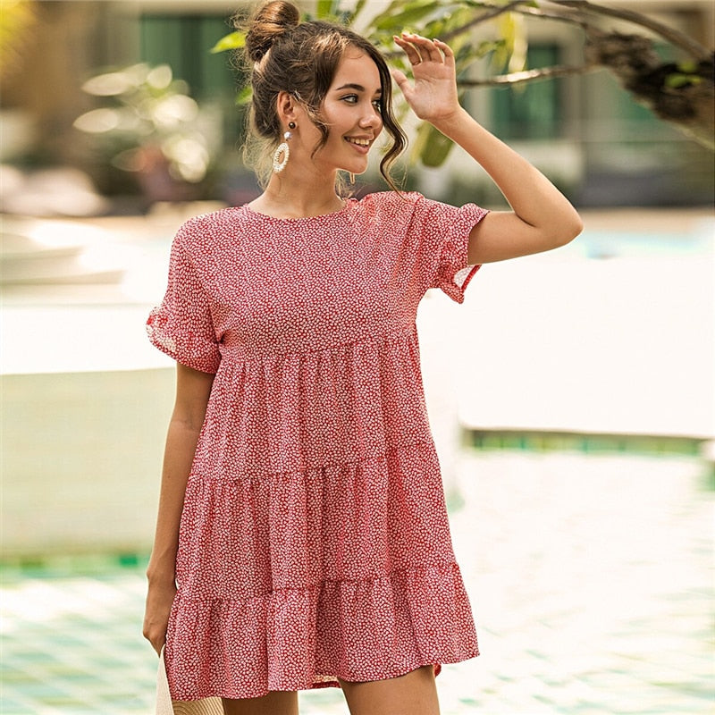 Red Ditsy Floral Print Ruffle Hem Smock Dress Women Summer O-neck Ruffle Hem Loose Boho Cute Mini Chiffon Dresses | Vimost Shop.