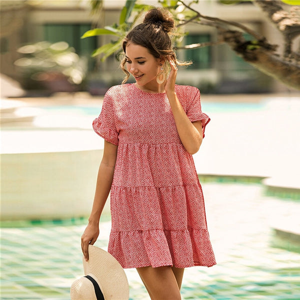 Red Ditsy Floral Print Ruffle Hem Smock Dress Women Summer O-neck Ruffle Hem Loose Boho Cute Mini Chiffon Dresses | Vimost Shop.