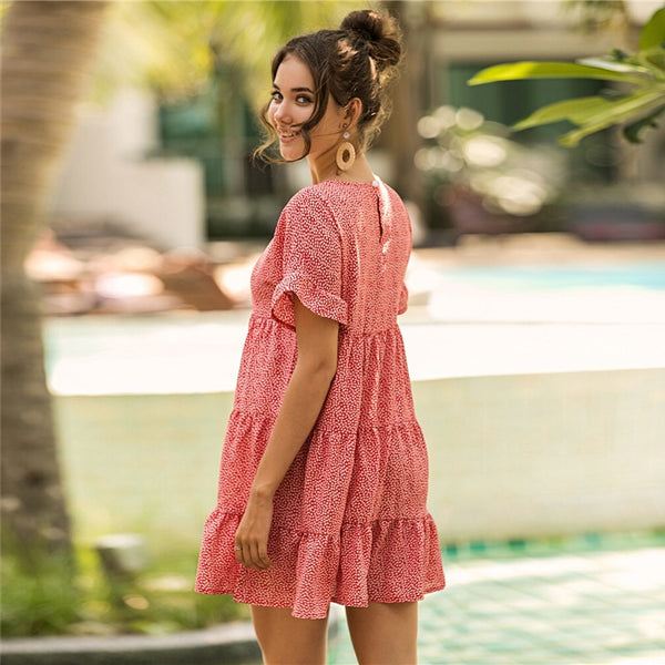 Red Ditsy Floral Print Ruffle Hem Smock Dress Women Summer O-neck Ruffle Hem Loose Boho Cute Mini Chiffon Dresses | Vimost Shop.