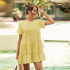 Red Ditsy Floral Print Ruffle Hem Smock Dress Women Summer O-neck Ruffle Hem Loose Boho Cute Mini Chiffon Dresses | Vimost Shop.